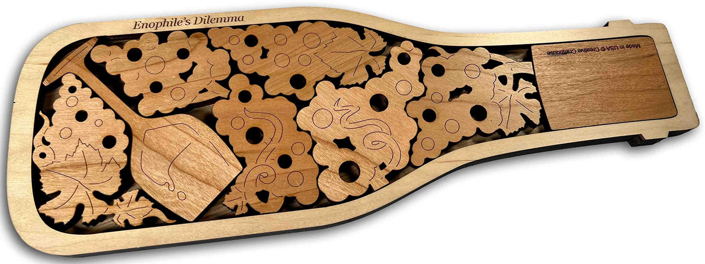 Enophile's Challenge or Bottle of Fine Wine Wood Brain Teaser Puzzle - Cherry Wood