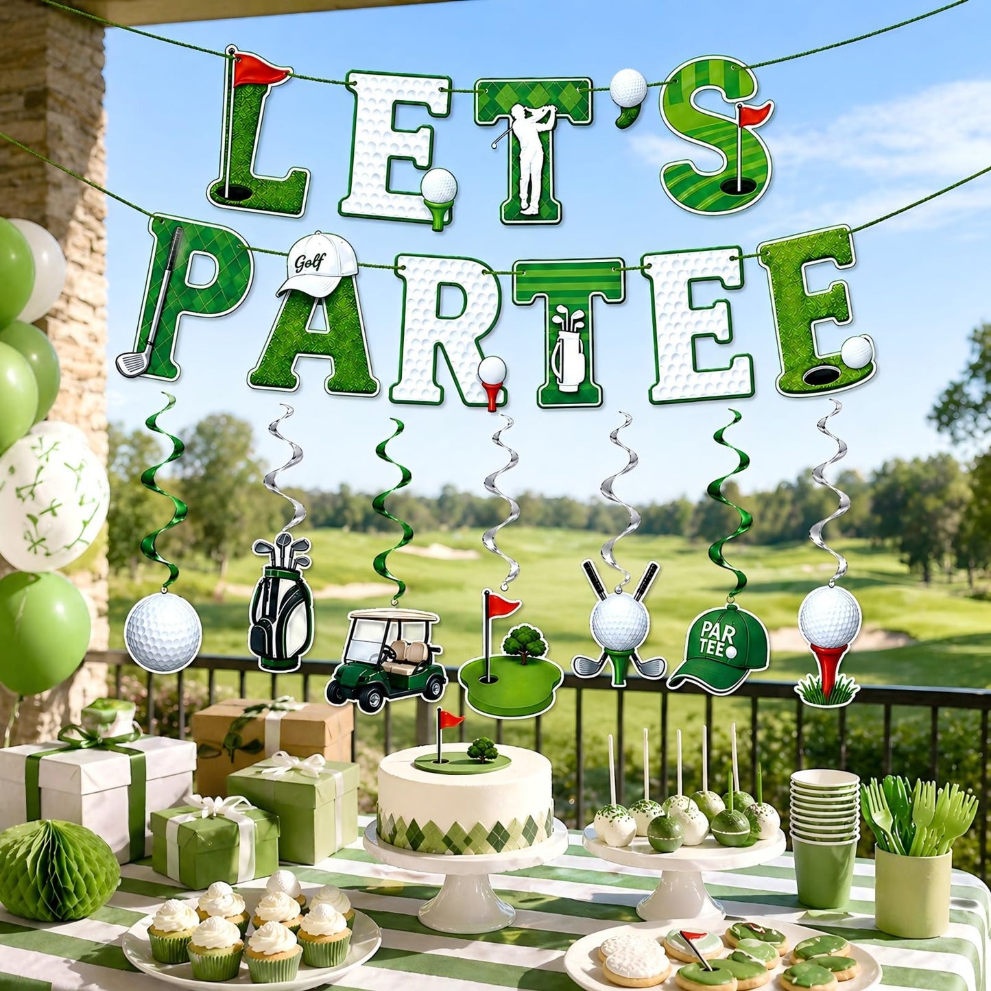 Golf Birthday Decorations - Golf Birthday Banner and 6 Hanging Swirls
