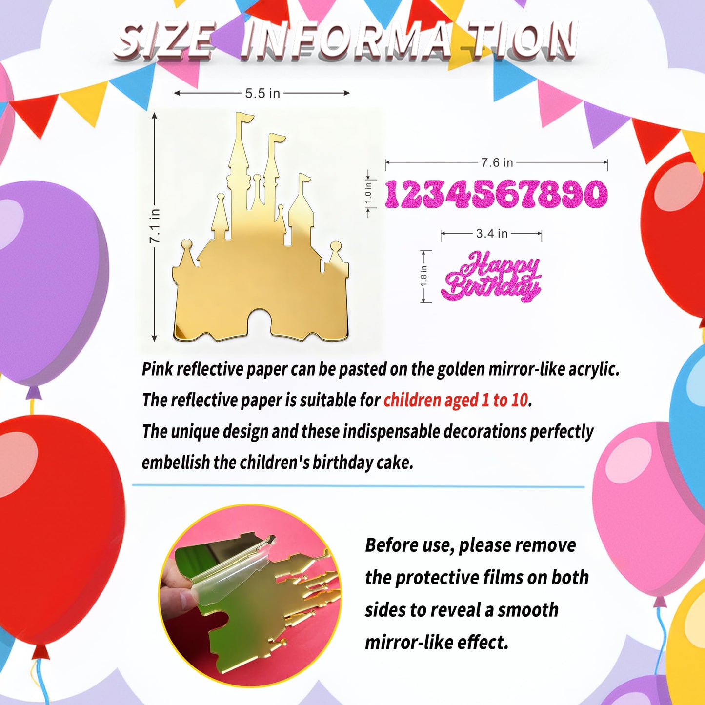 Gold Castle Cake Topper with Numbers 0-9 - Princess Birthday Cake Decorations, Reusable Gold Acrylic Happy Birthday Cake Topper Set for Party Supplies