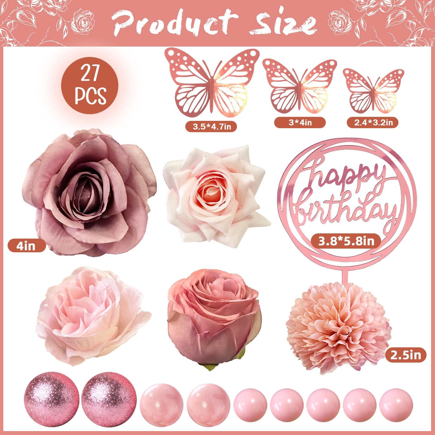 Flower Cake Toppers, Happy Birthday Rose Gold Cake Decorations with Artificial Flowers Butterfly Balls for Wedding Baby Shower Birthday Party Supplies