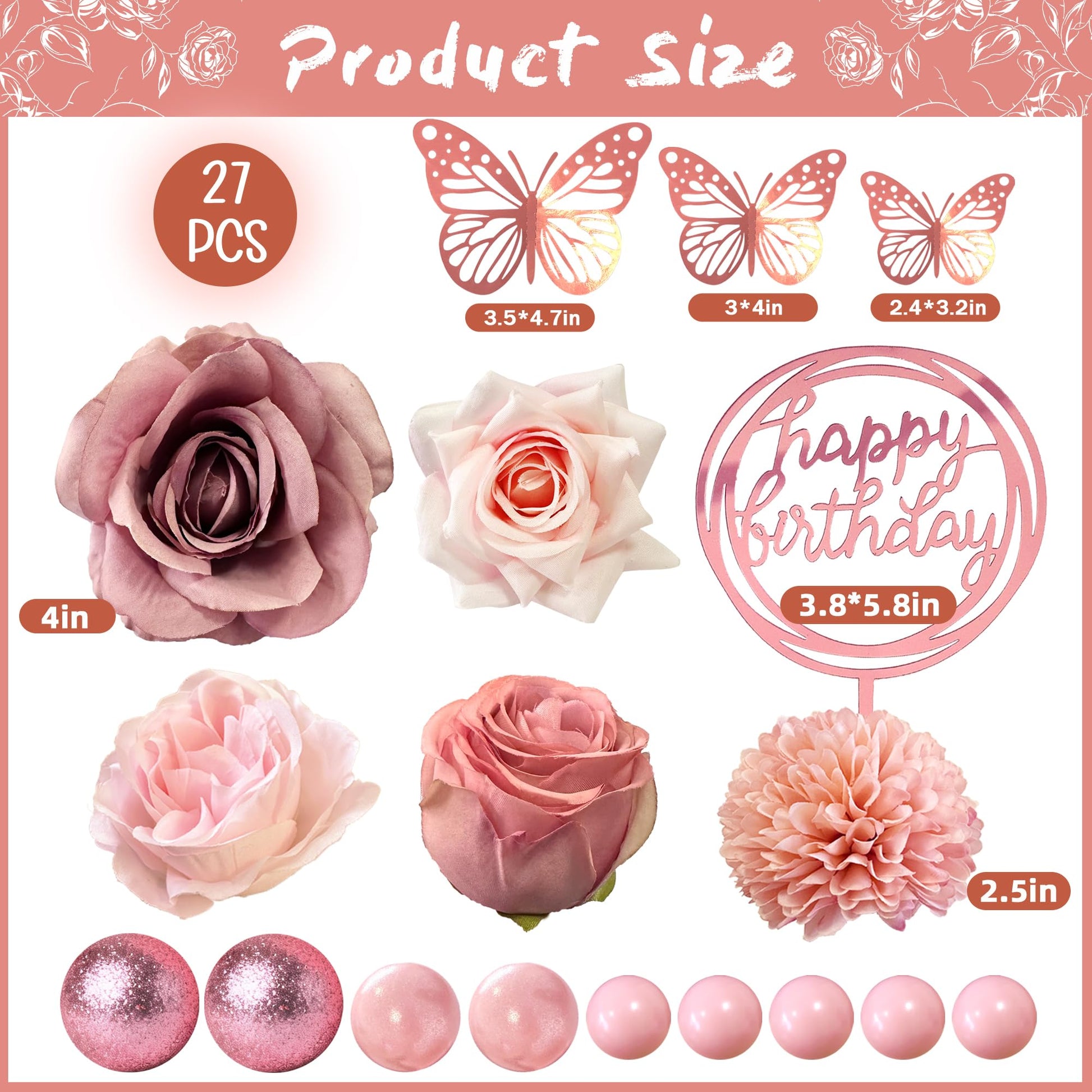 Flower Cake Toppers, Happy Birthday Rose Gold Cake Decorations with Artificial Flowers Butterfly Balls for Wedding Baby Shower Birthday Party Supplies