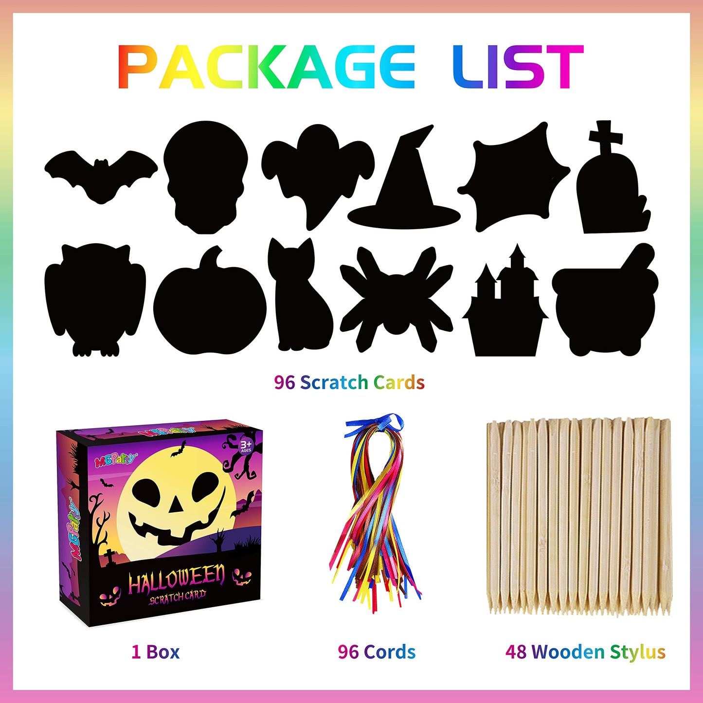MGparty Scratch Paper Art for Kids - 96 Pcs Halloween Magic Rainbow Scratch Paper Off Cards Set for Kids Crafts Arts Supplies Halloween Party Games