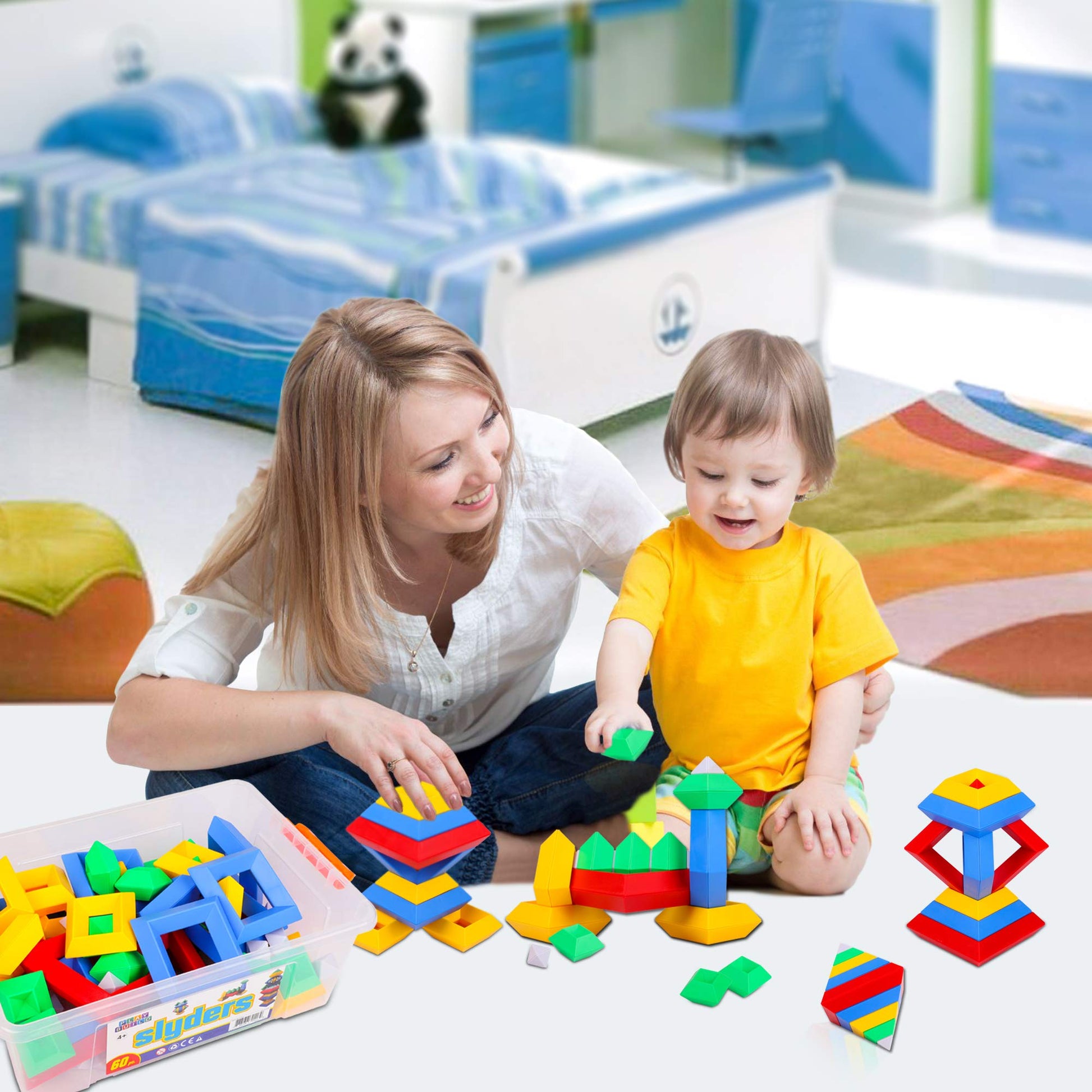 Play Build Slyder Set: 60 Pieces 3D Pyramid Building Blocks, Geometric Stacking Toys for Kids Ages 4+ - Creative Early Childhood STEM Educational Toys