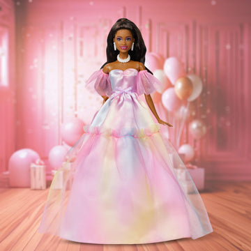 Barbie Signature Birthday Wishes Fashion Doll with Black Hair in Dress with Pastel Rainbow Effect, Collectible Toy with Giftable Packaging