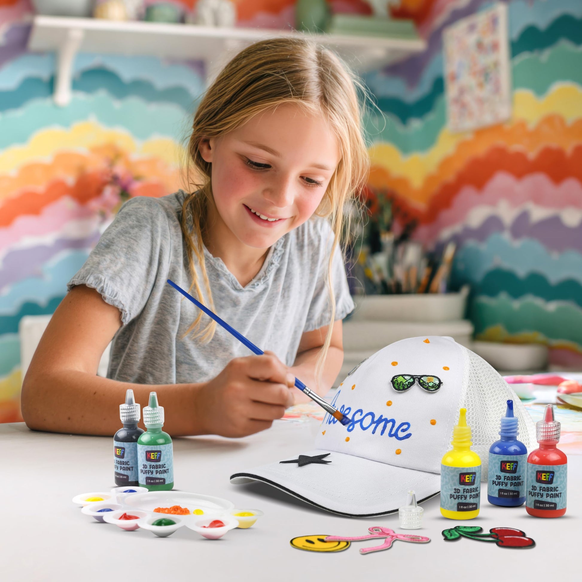 KEFF Decorate Your Own Blank Trucker Hat for Kids - Includes 1 Mesh-Back Cap, 12 Embroidered Patches (Stick on Patches), 5 Puff Paints, Paint Brush