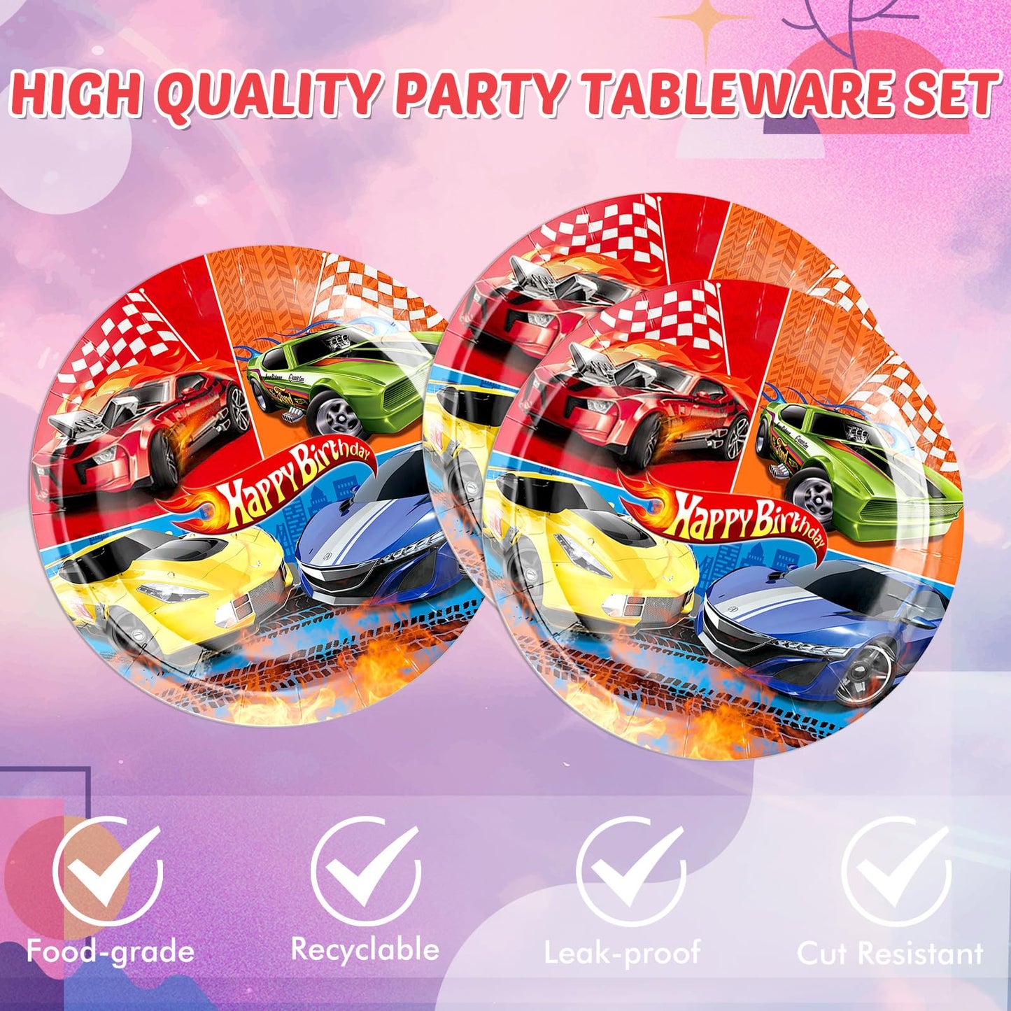 DURYGEN 40 Pieces Cars Birthday Party Decorations Hot Car Disposable Tableware Set Include Racing Car Plates Napkins Party Supplies Kit for Kids Boys