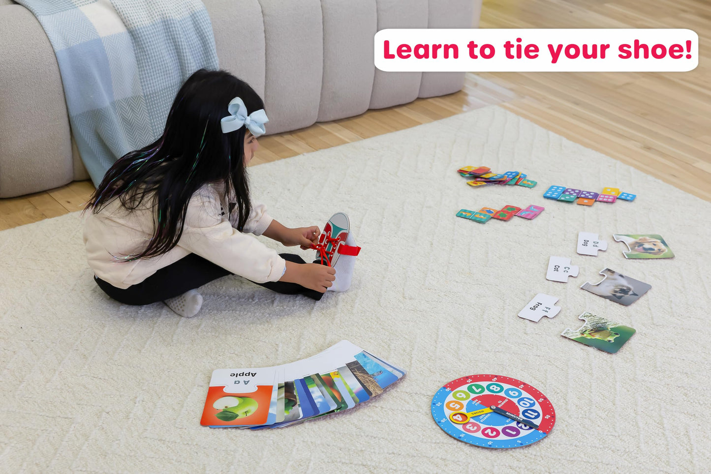 Jasey's Toy Chest 4-in-1 Learn & Play Pack | Puzzle Cards, Dominoes, Teaching Clock & Shoe Tying Activity Set | Educational Toy for Toddlers Ages 4+