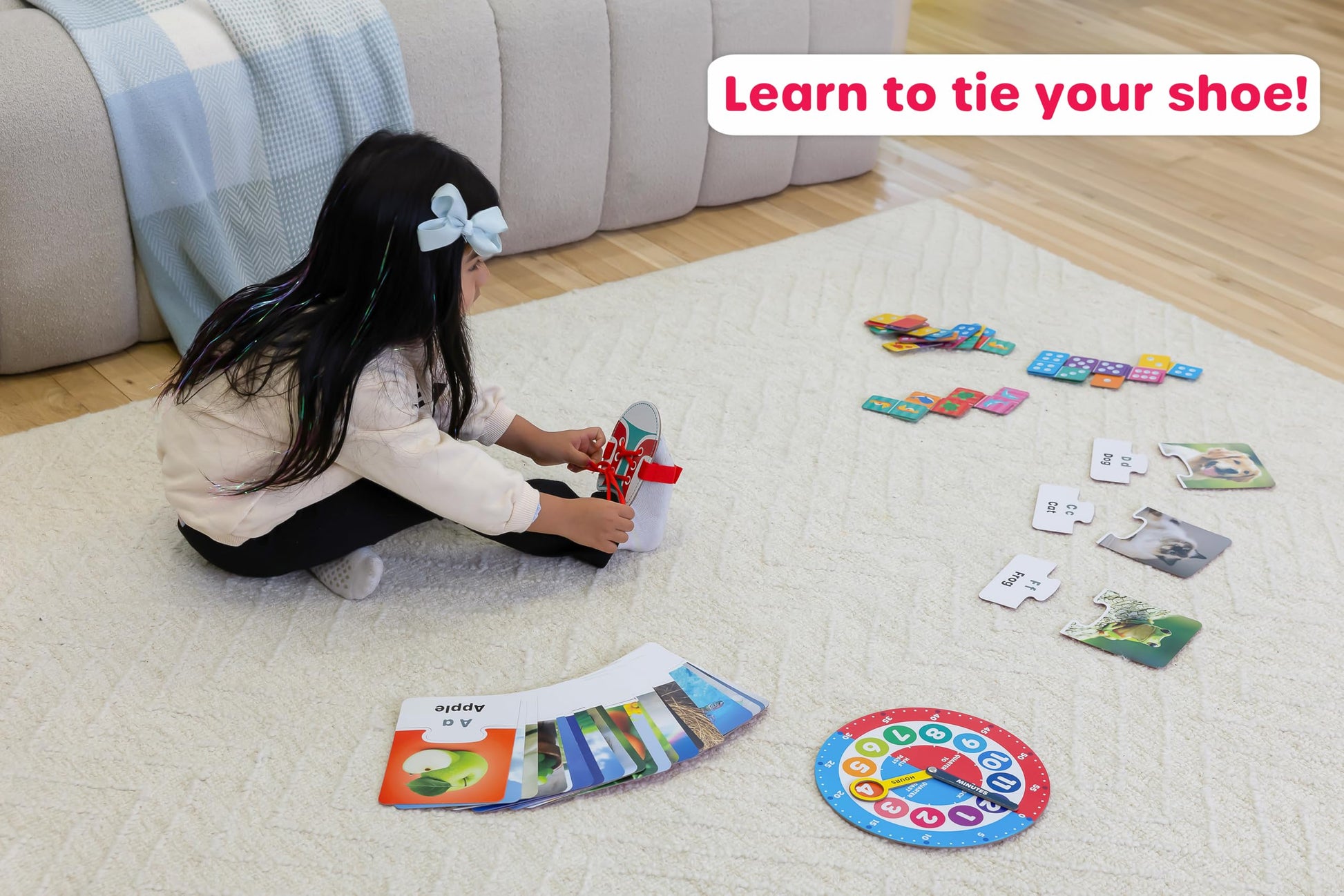 Jasey's Toy Chest 4-in-1 Learn & Play Pack | Puzzle Cards, Dominoes, Teaching Clock & Shoe Tying Activity Set | Educational Toy for Toddlers Ages 4+