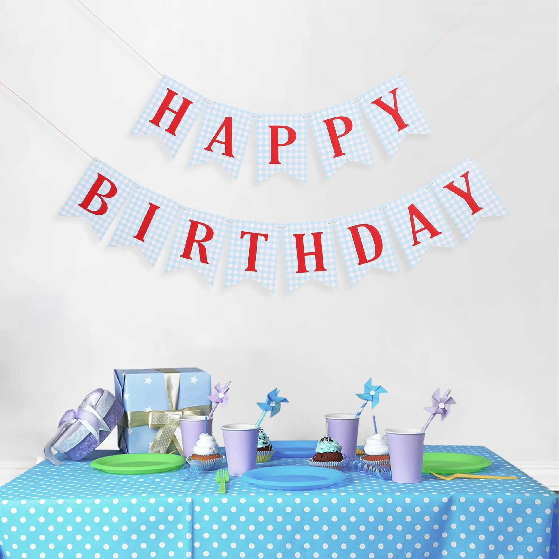 Blue and red Happy Birthday Banner - Happy 1st Birthday decorations, Blue Gingham with Red Letters Happy Birthday Banner