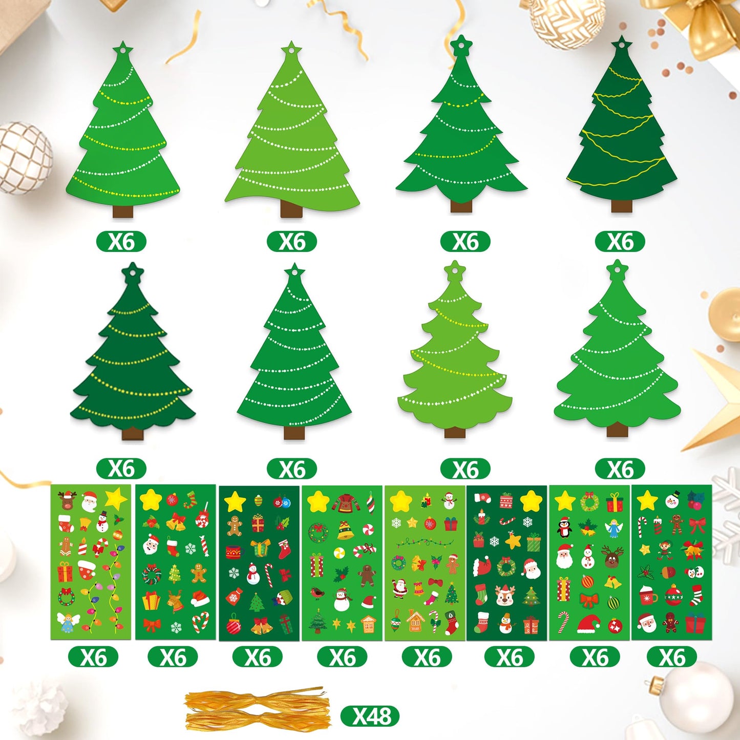 BCCSNNM 48 Pcs Christmas Tree Stickers Kit for Christmas DIY Hanging Art Ornaments Making Your Own Xmas Craft for Winter Holiday Party Classroom