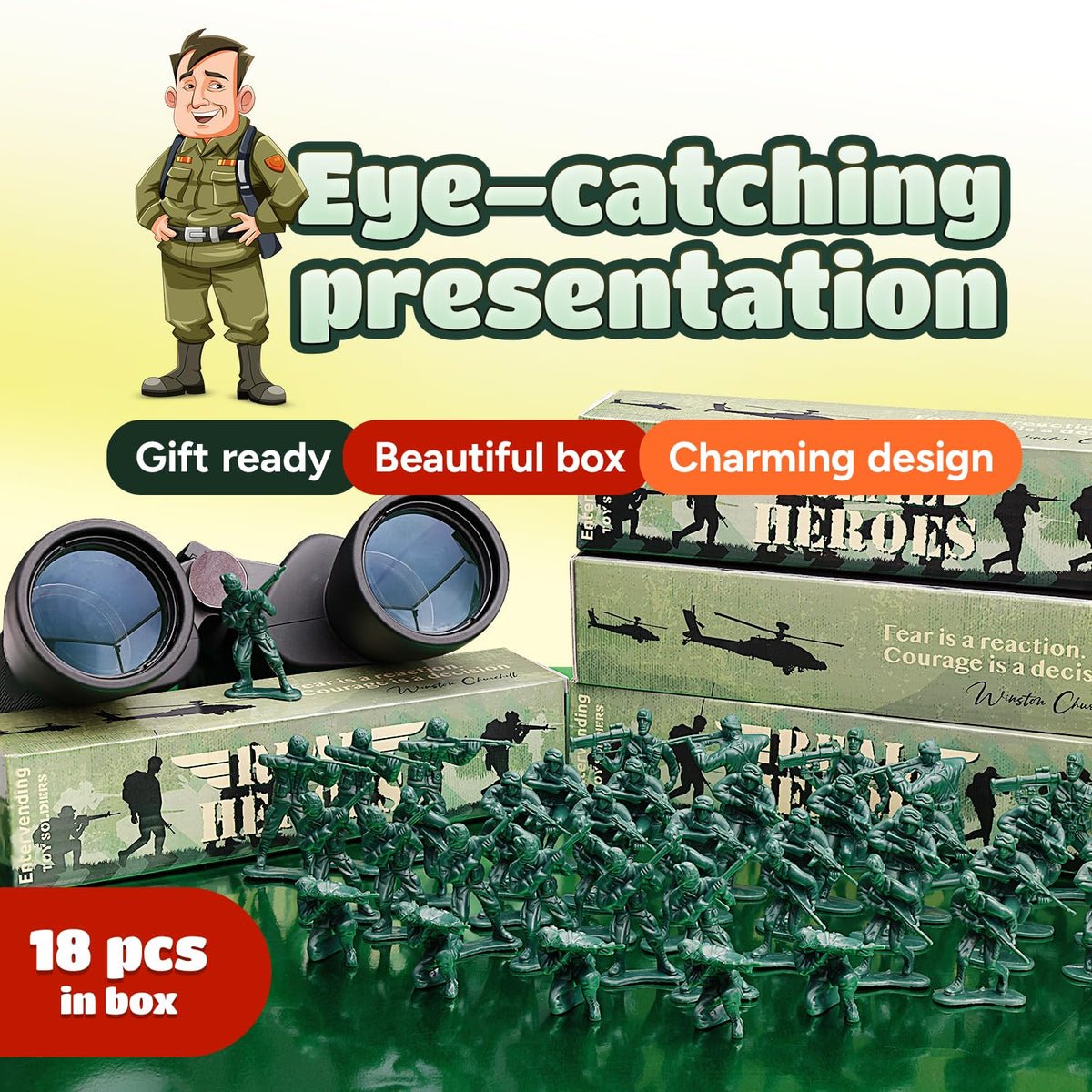 Entervending Army Men Action Figures - 2” Small Soldiers for Boys - 18 Pcs Green Army Soldier Toy Playset -Gift Ready Military Toys - Army Party Favor