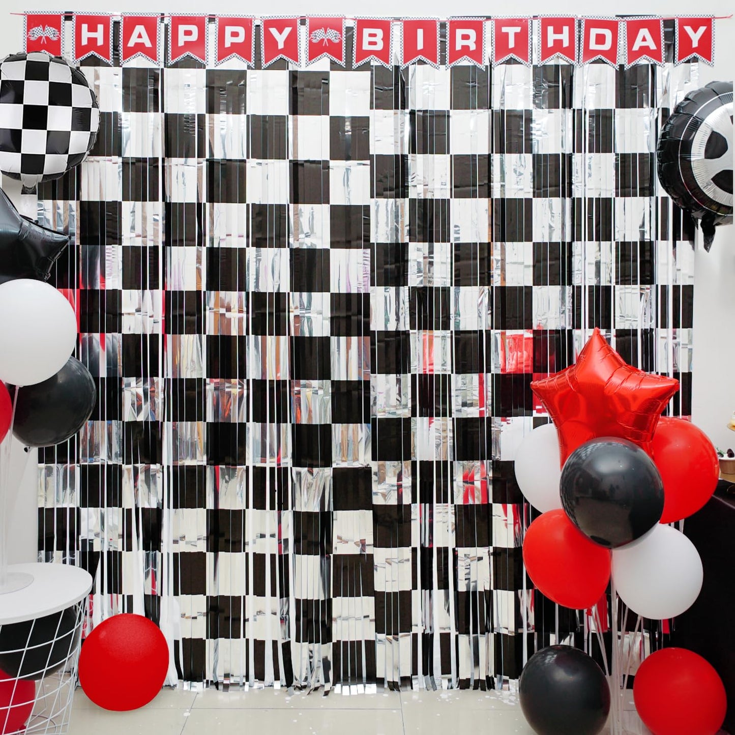 Race Car Birthday Party Decoration, 2 Pack Race Car Party Backdrop Photo Booth Prop, Black and Silver Checkered Fringe Curtains Tinsel Photo Streamers