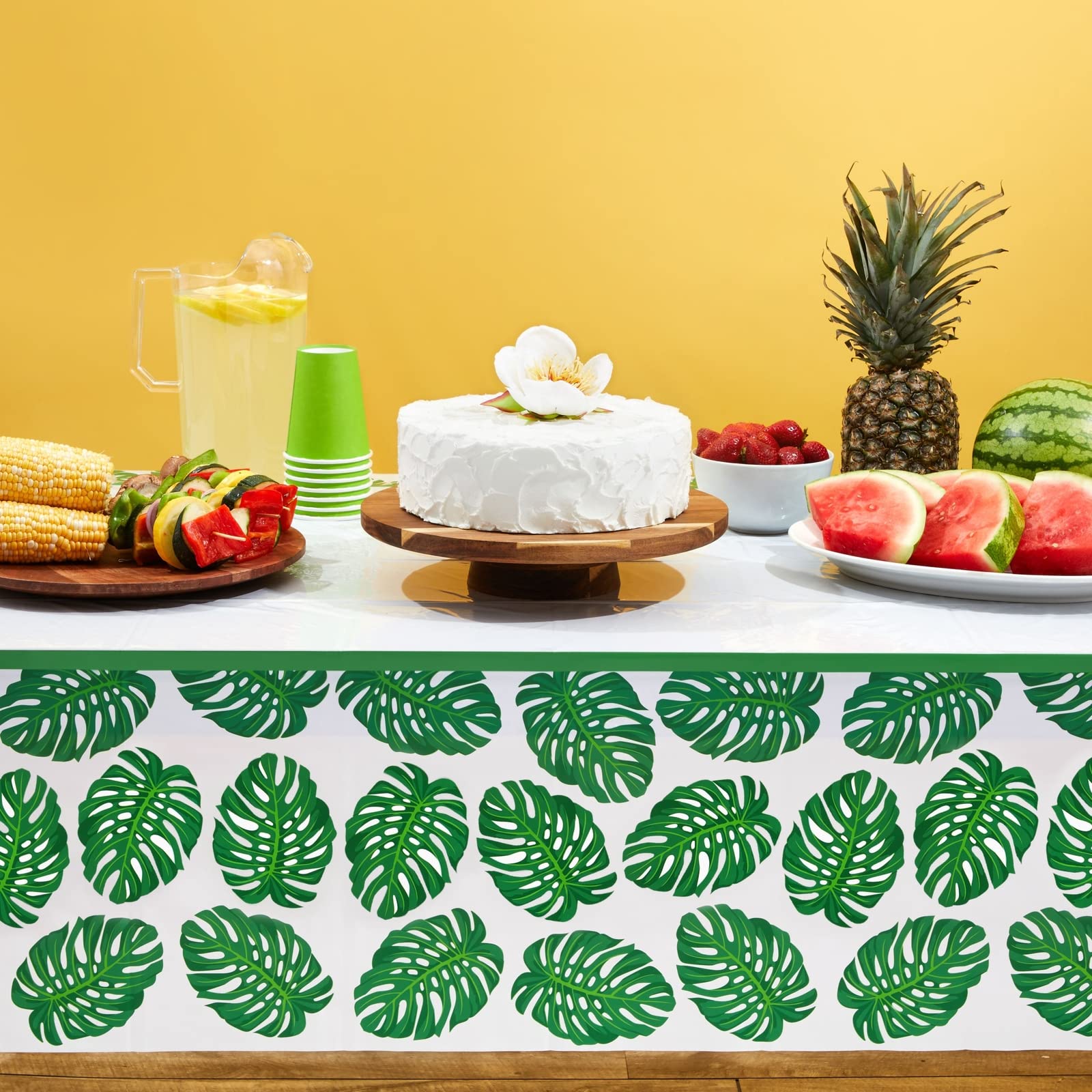 Blue Panda Tropical Leaves Tablecloths - 3 Pack, 54 x 108 in, Green/White Plastic - Baby Shower Tablecloth for Luau Party Decoration & Safari