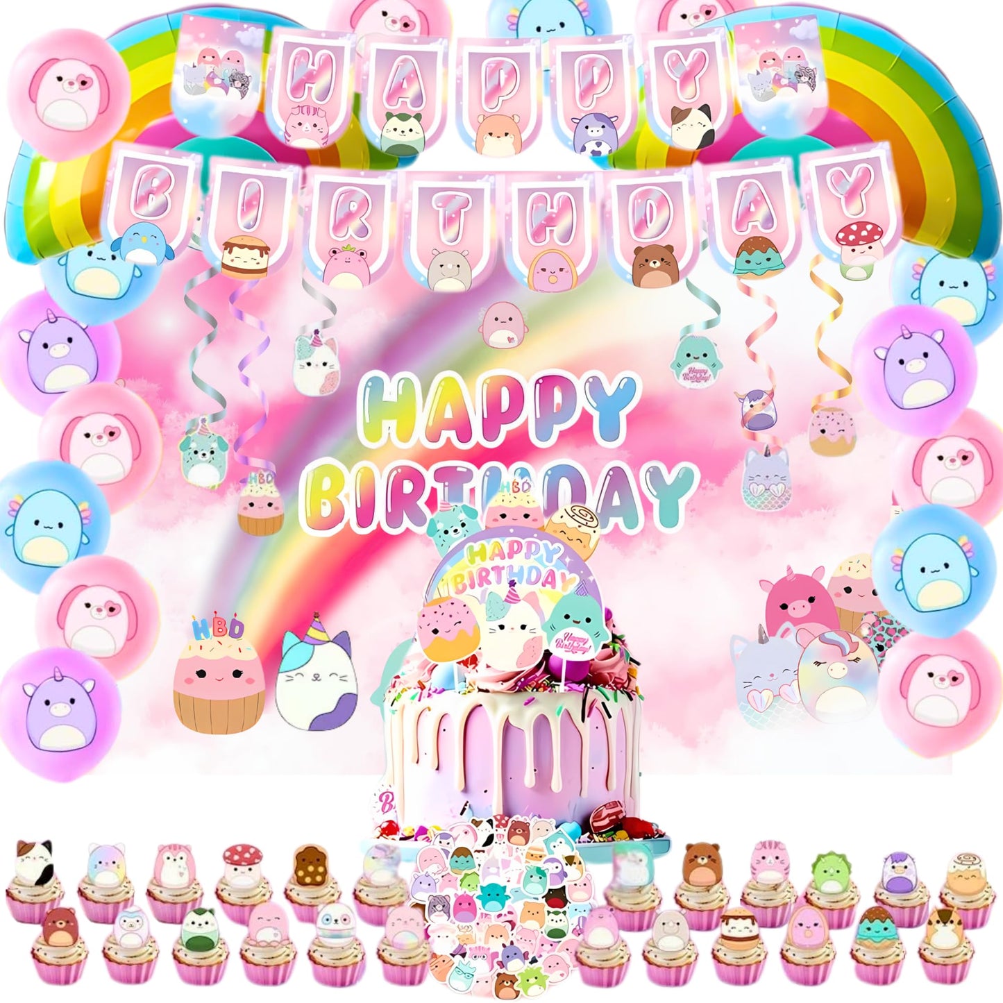 Partymelon Cute Animals Birthday Decorations Kids Party Supplies with Banner Cupcake Toppers Balloons Swirls Stickers Background