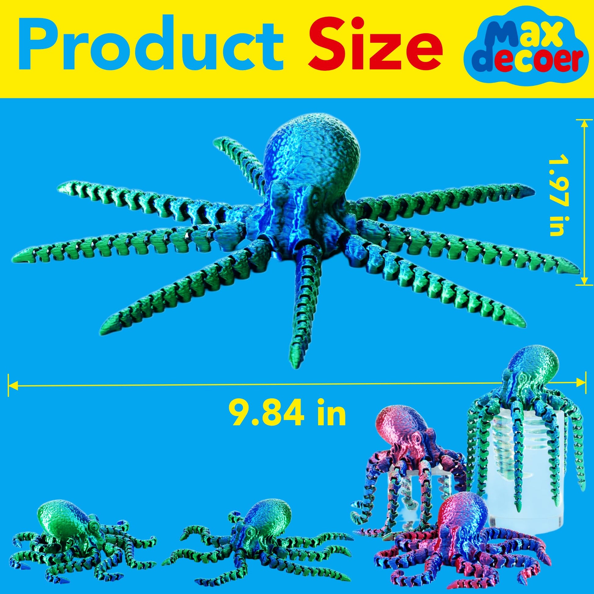 Maxdecoer Articulated 3D Printed Octopus Figure, Flexible Poseable Sea Creature, Desk Decor Fidget Toy, Collectible Animal Figurine Gift (Iridescent