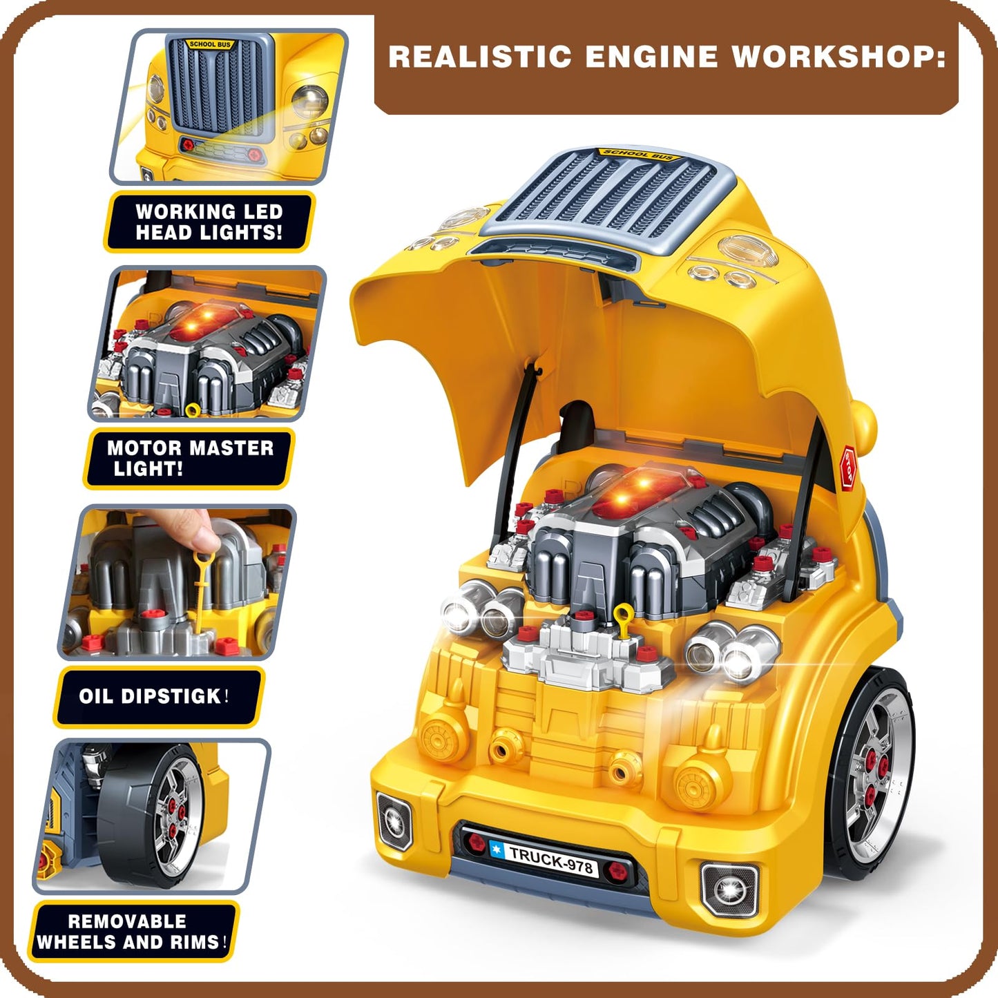 MUGEYMYD Large Truck Engine Toy for Kids 3-5, Take Apart Motor Vehicle Pretend Play Car with Light and Sound, Kids Mechanic Workshop Set, Toy Engine