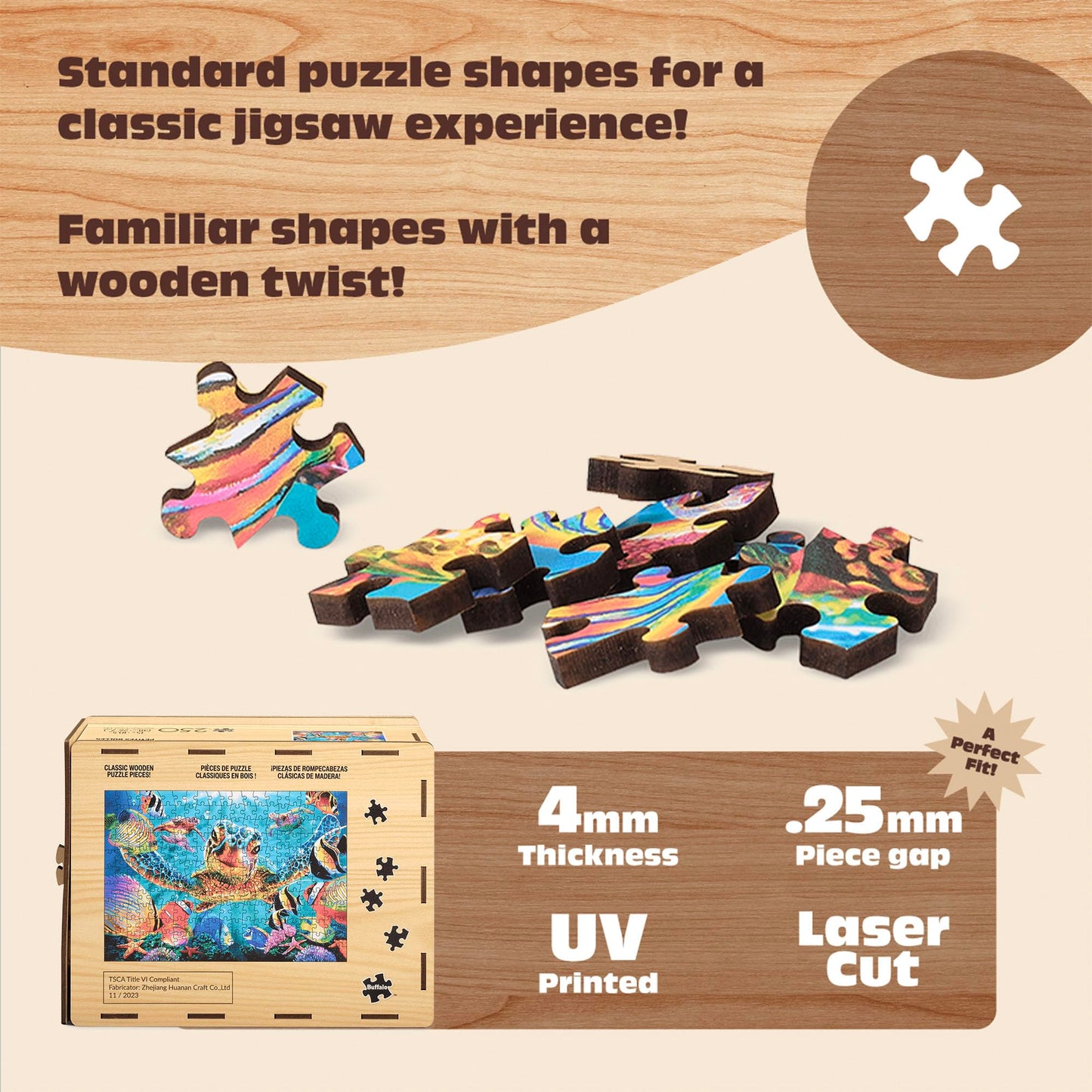 Buffalo Games - 250 Piece Wooden Jigsaw Puzzle - Tiny Bubbles - Standard Cut Pieces - Wooden Box - Full Size Poster, Ages 14+