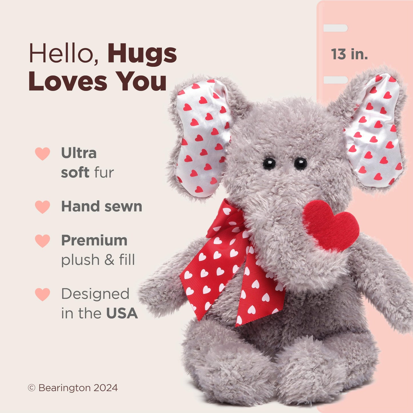 Bearington Hugh Loves You Elephant Stuffed Animal - 13" Cuddly Valentines Stuffed Animal with Soft Grey Fur and Heart Details - Adorable Elephant