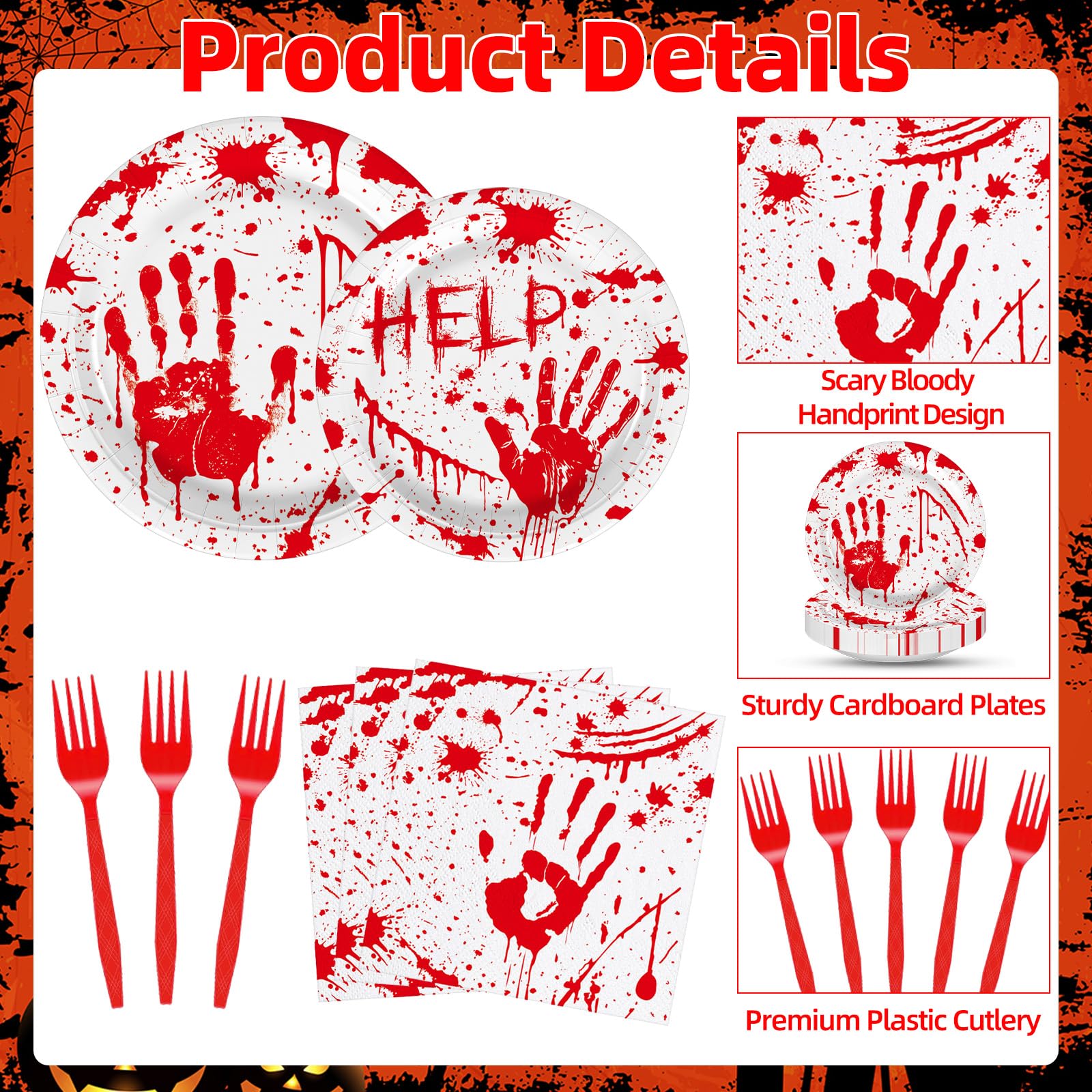 100 Pieces Halloween Bloody Handprint Tableware Set, Blood Splatter Plates, Napkins, and Red Plastic Forks for Halloween, Horror Birthday, Zombie