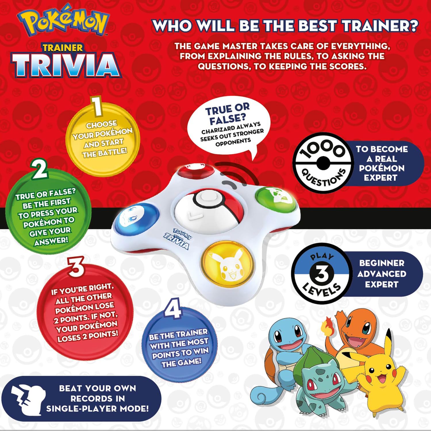 Pokemon Trainer Trivia - Electronic Guessing Game, 1000 Questions, Virtual Game Master, 3 Difficulty Levels, Solo & Multiplayer, Kids 7+, 1-4 Players
