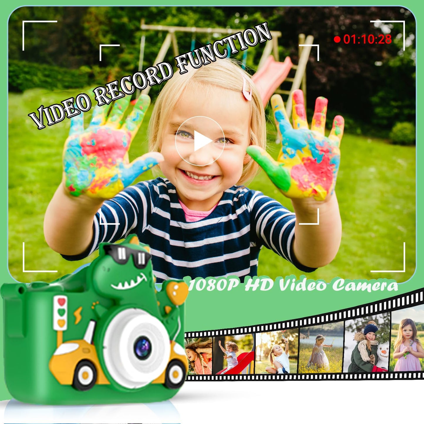 Kids Digital Camera, 1080P HD Video Camera for Toddlers with 32GB SD Card, Dinosaur Protective Case, Card Reader, Fun Selfie Toy Camera for Ages 3-12