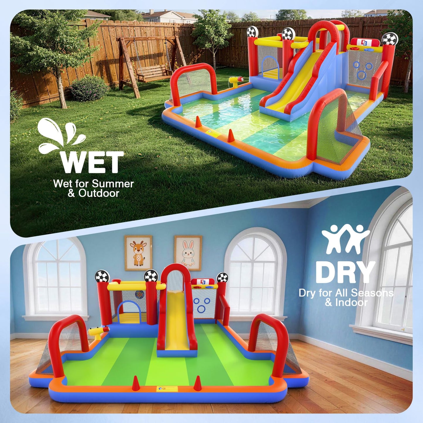 15.91x15.82FT Inflatable Bounce House with Water Slide for Kids 3-12, 11 in 1 Soccer Bounce House with Air Blower, Bouncy House with Slide, Climbing