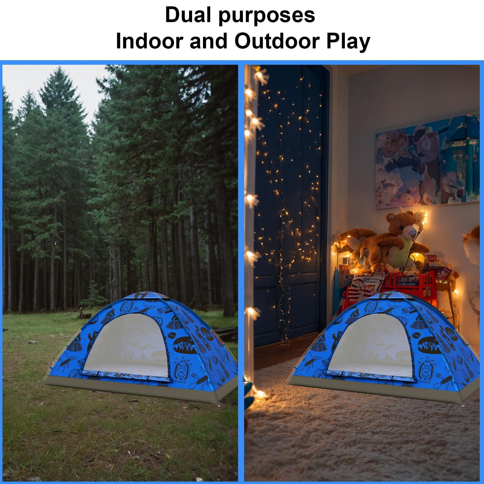 KidzAdventure 2 in 1 Kids Tent for Camping/Kids Play Tent| Backpacking Tent for Kids |Easy Set UP |Blue Adventure Theme Camping Tent