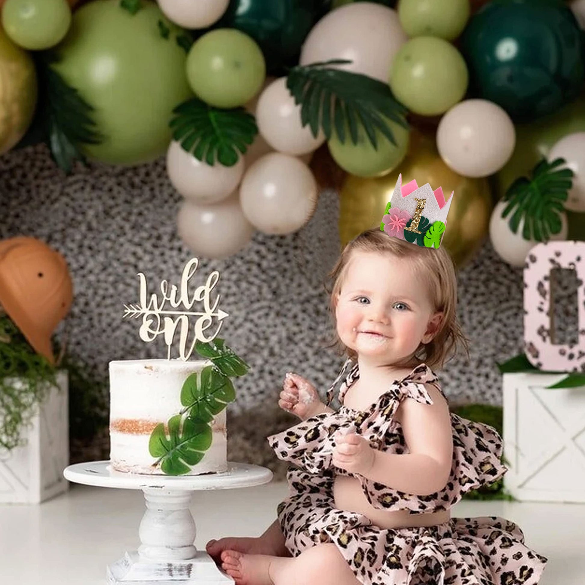Agkvw Pink Wild One Birthday Crown for Girls - Tropical Pink 1st Birthday Hat, Girls Jungle Safari 1st Birthday Decoration, Hawaiian 1stBirthday Decor
