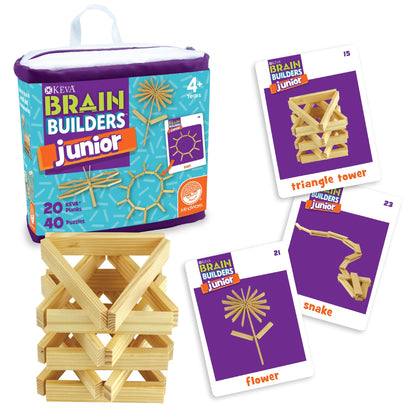 MindWare KEVA Junior Brain Builders Playset, 3D Puzzle Travel Game, 40 Wooden Building Block Challenges