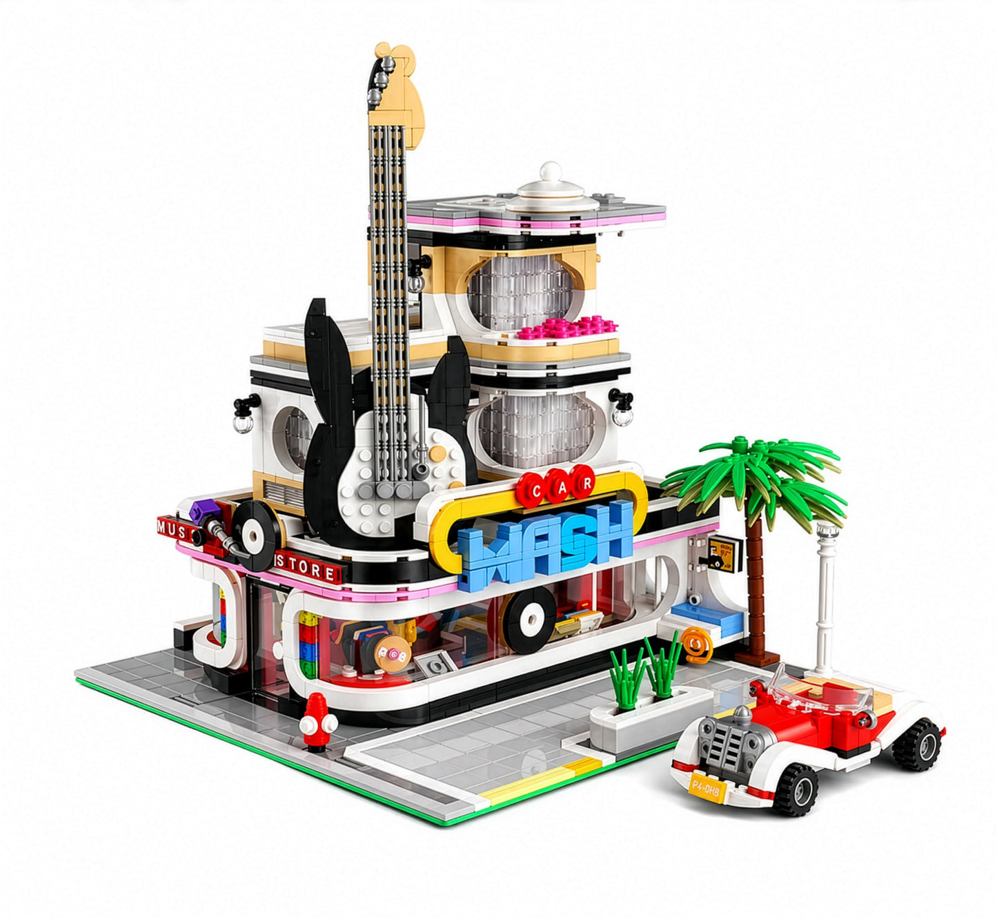 General Jim's Music Store & Car Wash Street View Modular City Building Block Set, 2,168 Pieces with Light Kit Toys & Bricks | GJ MSCW