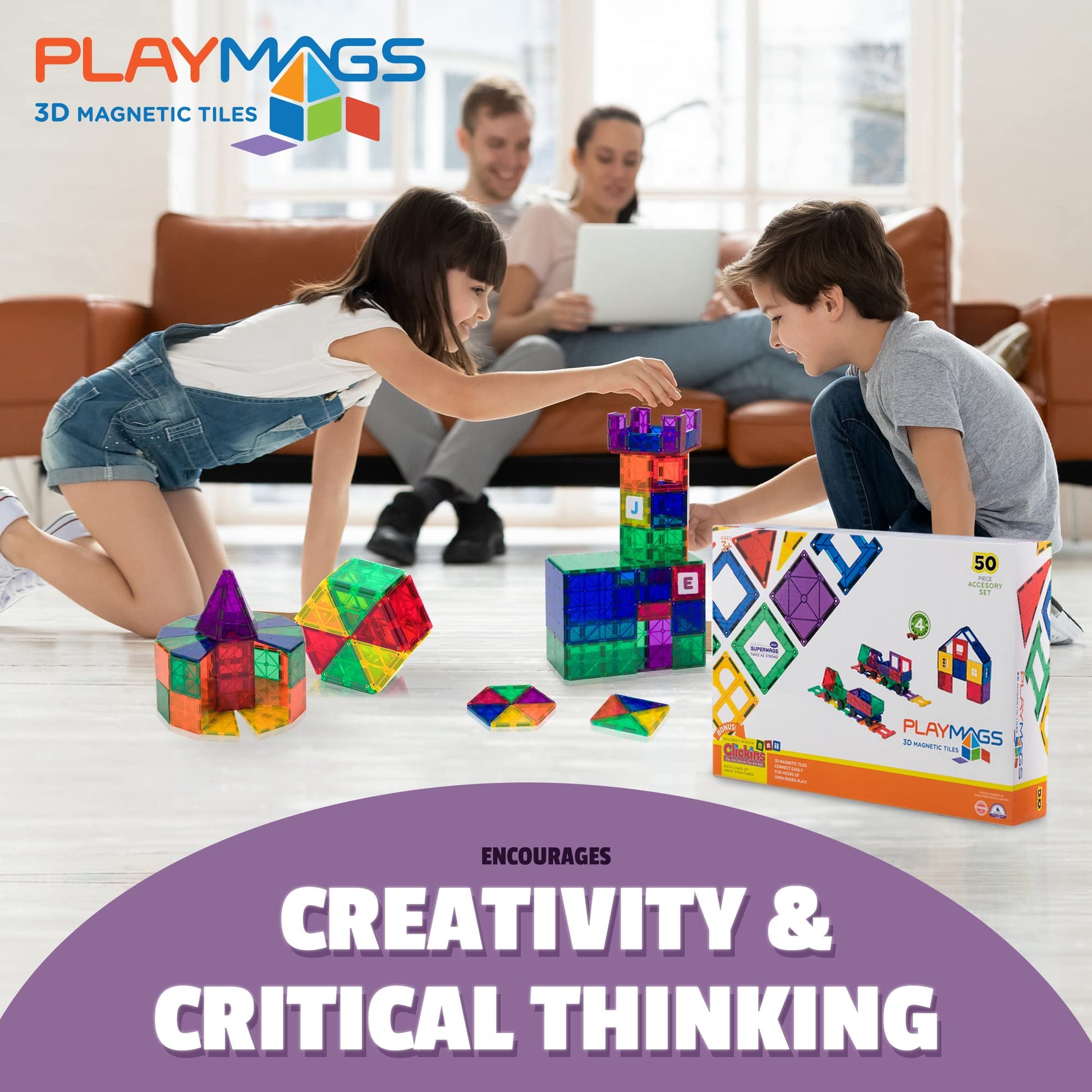 Playmags Magnetic Tiles Train Car Set for Kids - 55pcs Magnet Building Blocks Accessory Set with 4 Cars - Durable Creative STEM Learning Toys