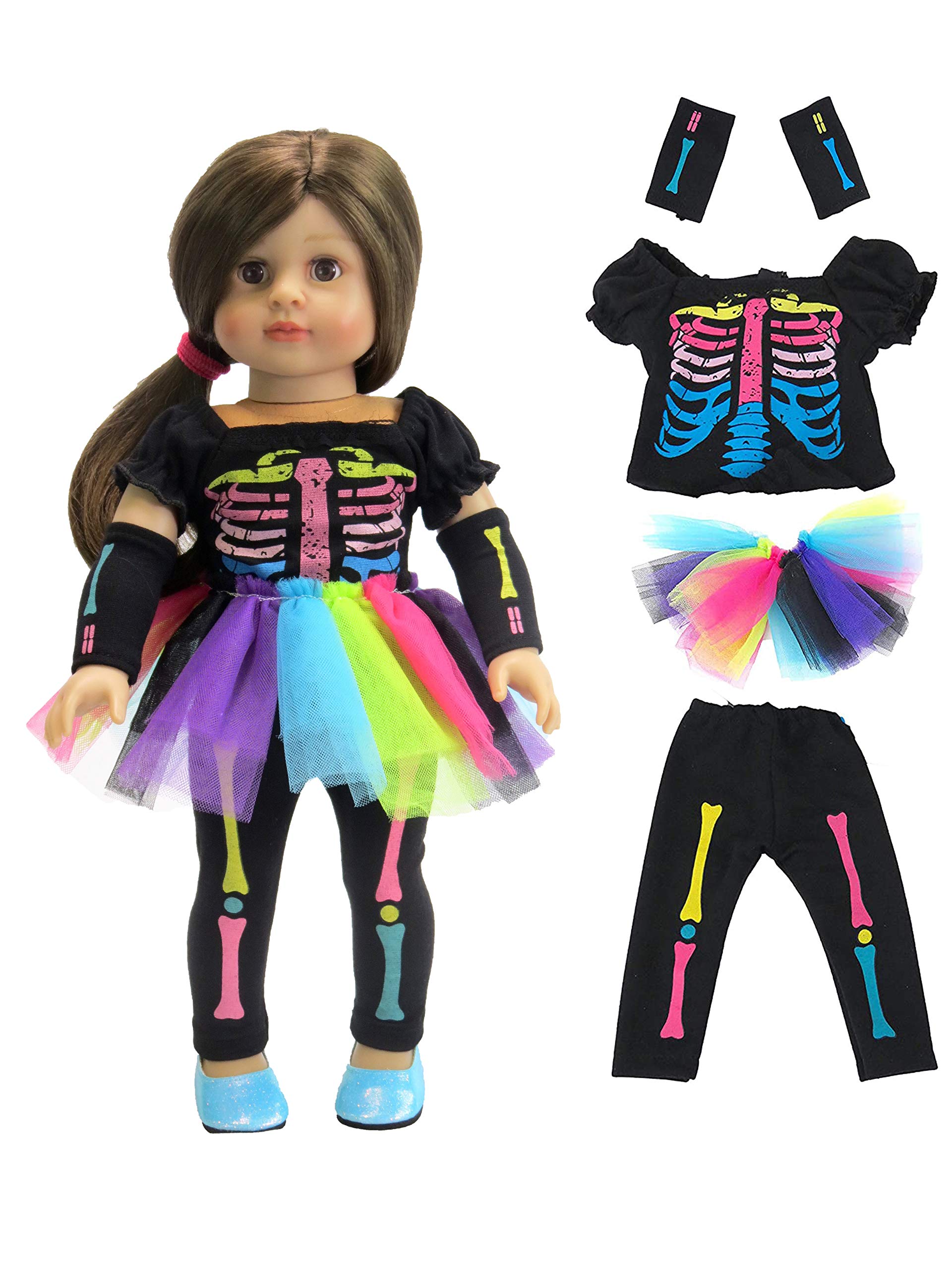 American Fashion World Electric Neon Skeleton Halloween Costume for 18-inch Dolls| Premium Quality & Trendy Design | Dolls Clothes | Outfit Fashions