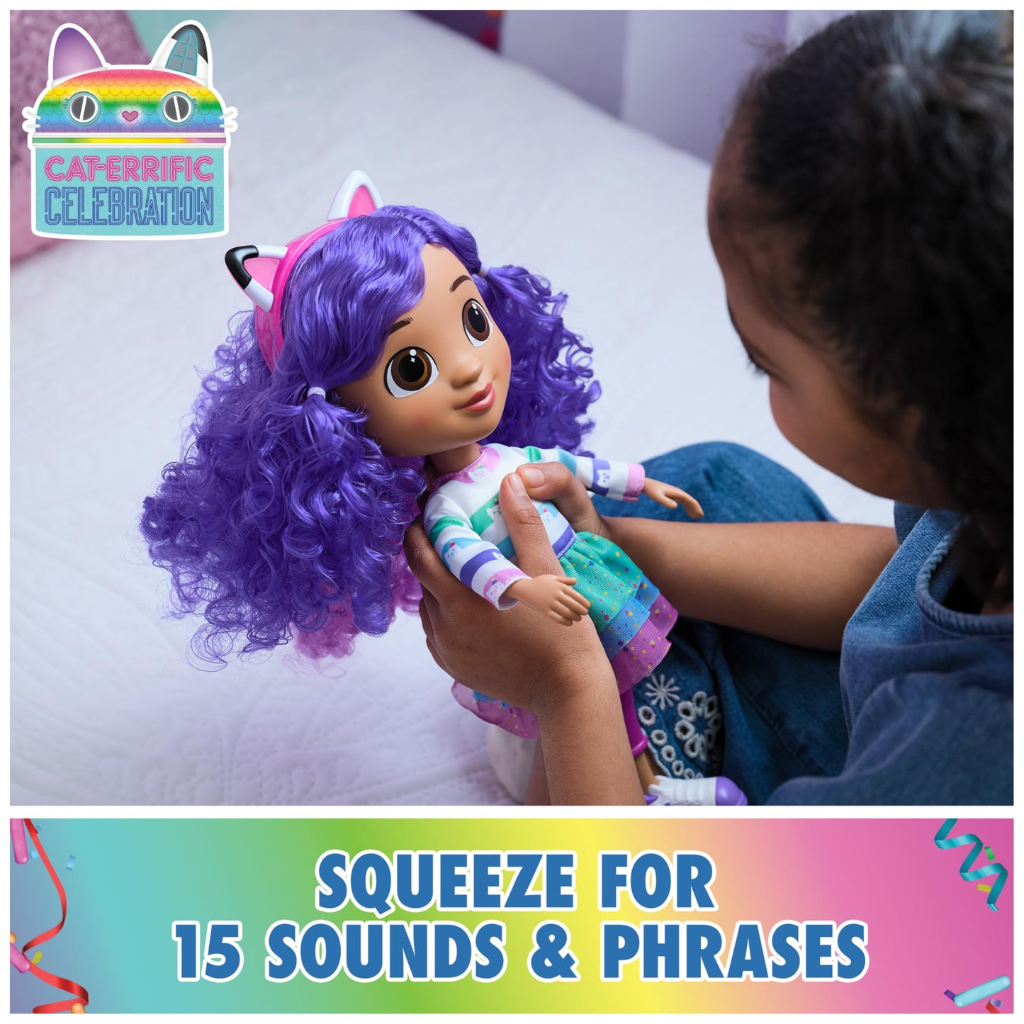Gabby's Dollhouse DreamWorks, Sing & Celebrate Gabby Girl Doll, 13-Inches Tall with Sound Effects & Reversible Cat Ears, Kids Toys for Girls & Boys