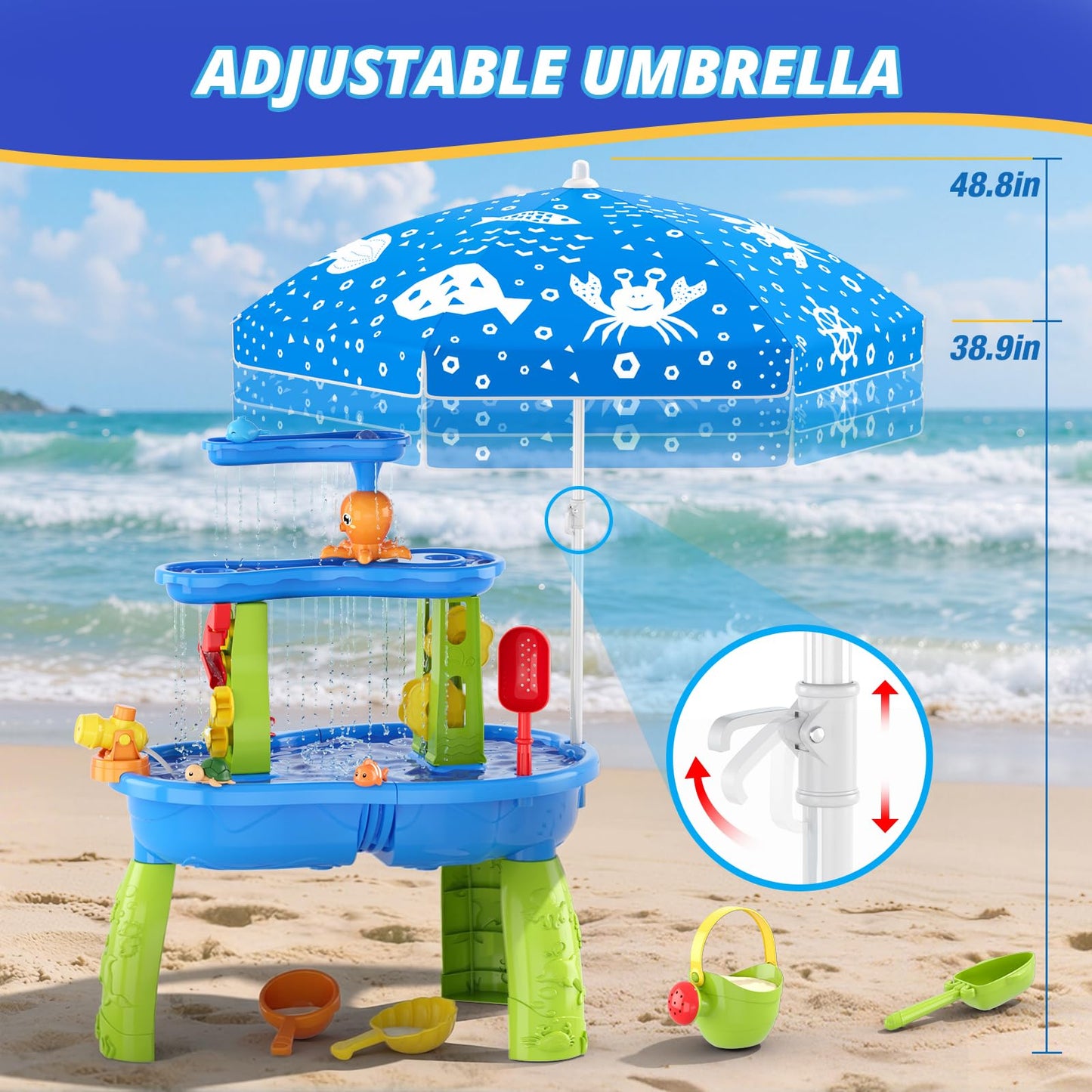 Wee Wonders 3-Tier Water Table with Adjustable Umbrella for Kids, Blue