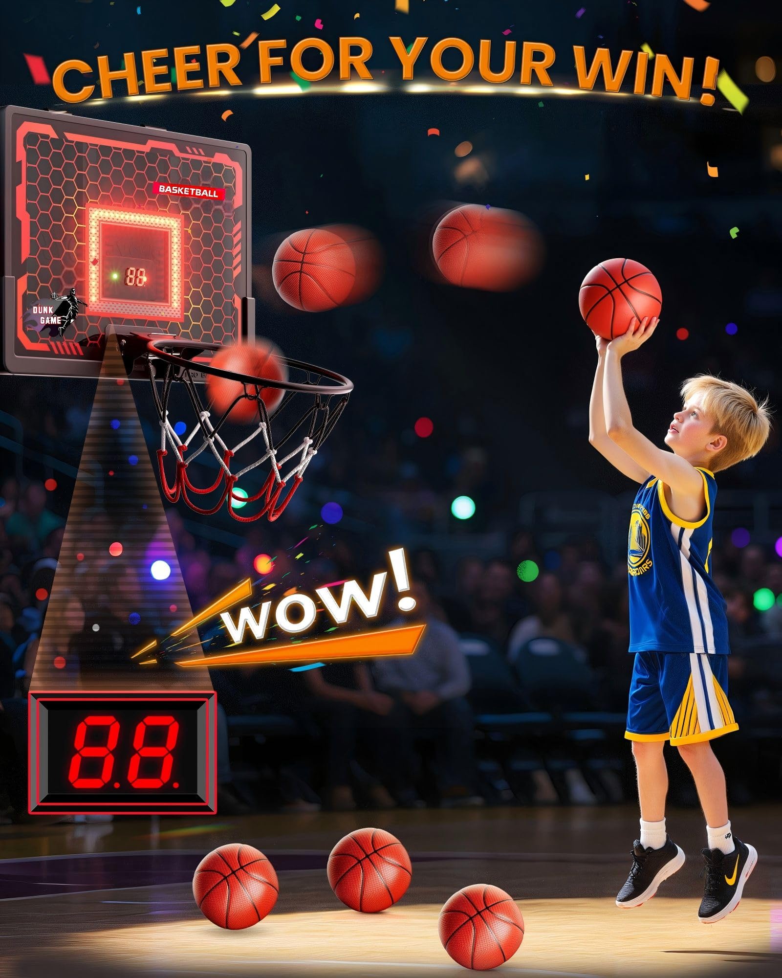 Indoor Basketball Hoop Pro for Kids, Over The Door Basketball Hoop with LED Light/Scoreboard/4 Balls- Upgraded Anti-Impact Backboard, Basketball Toys