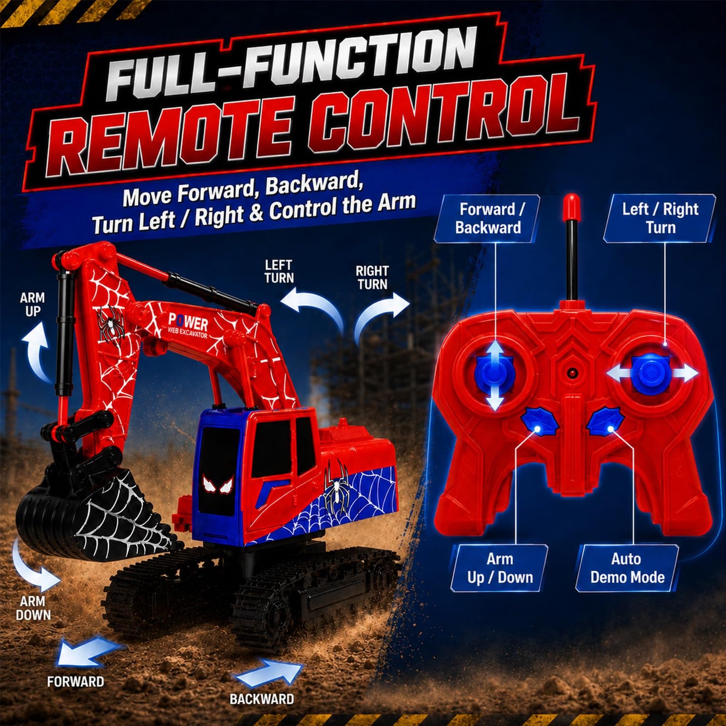 PixelWoW Remote Control Excavator for Kids, RC Construction Excavator with Movable Arm, 2 Rechargeable Batteries and Auto Demo Mode, Birthday Gifts