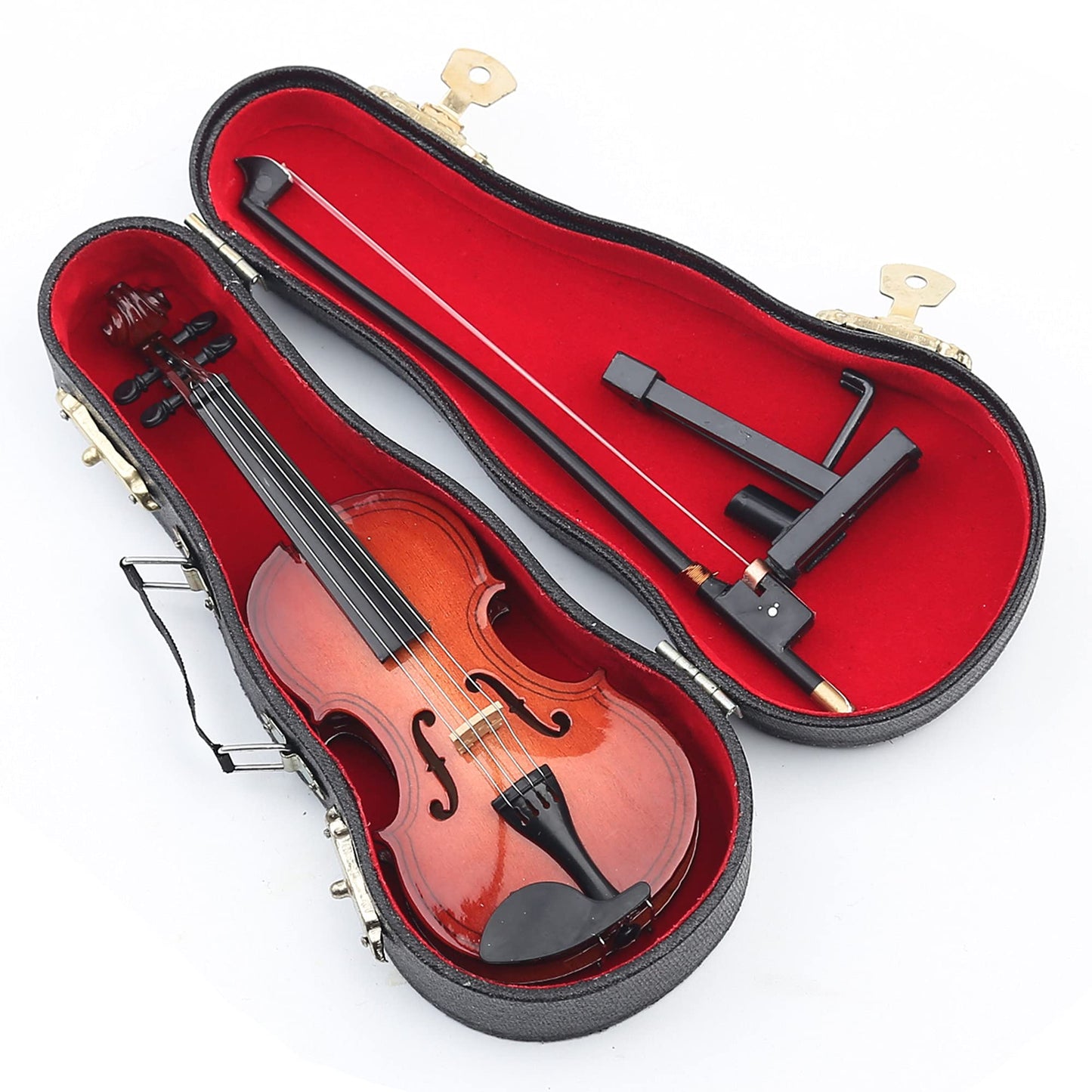 Dselvgvu Wooden Miniature Violin with Stand, Bow and Case Mini Violin Musical Instrument Replica Collectible Figurines Collection Decorative Ornament