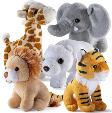 PREXTEX Safari Friends Stuffed Animal Gift Set - 5 Small Plush (Giraffe, Tiger, Lion, Polar Bear, Elephant) Zoo Animals - Machine Washable Stuffed