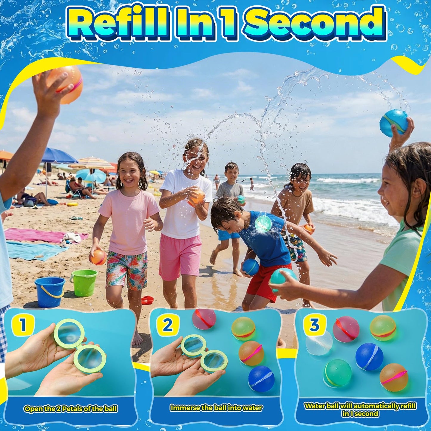 12 Pcs Reusable Water Balloons, Self-Sealing Refillable Water Balls, Pool Toys for Kids Ages 4-14, Pool Beach & Outdoor Water Ballons