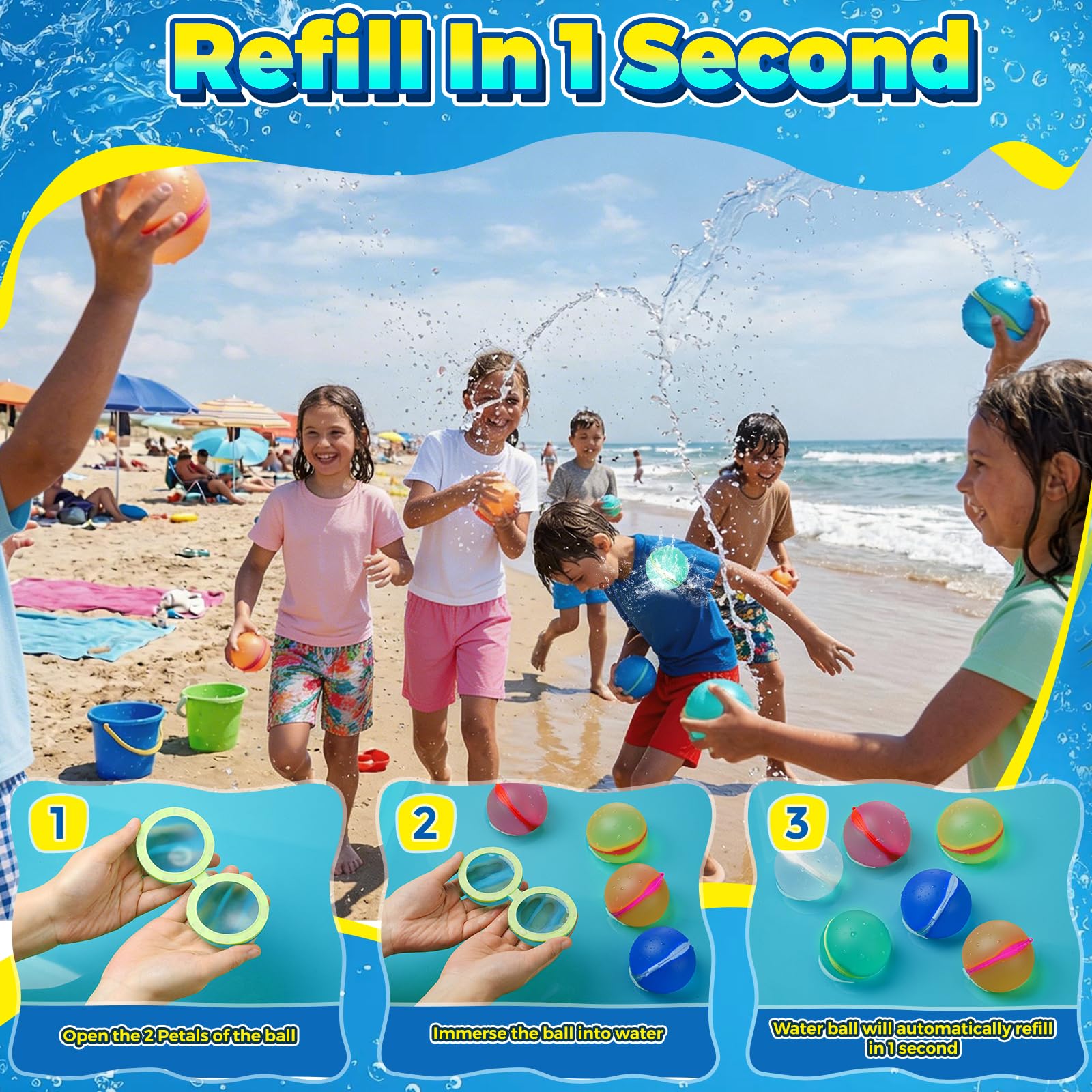 12 Pcs Reusable Water Balloons, Self-Sealing Refillable Water Balls, Pool Toys for Kids Ages 4-14, Pool Beach & Outdoor Water Ballons