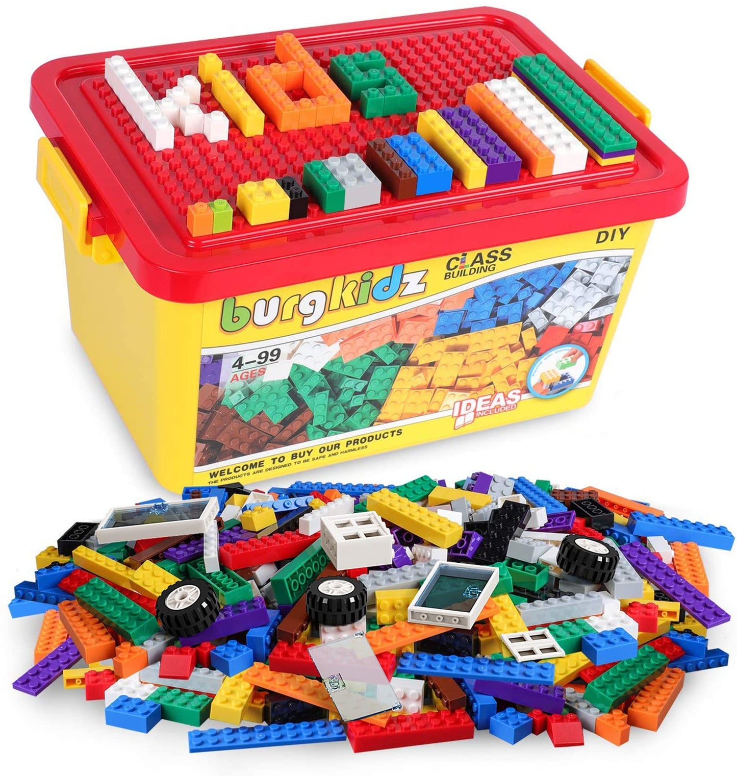 burgkidz Building Blocks Set with Storage Box and Lid Baseplate: 568 Pieces Classic Bricks Compatible with Major Brands, Wheels Doors Windows, STEM
