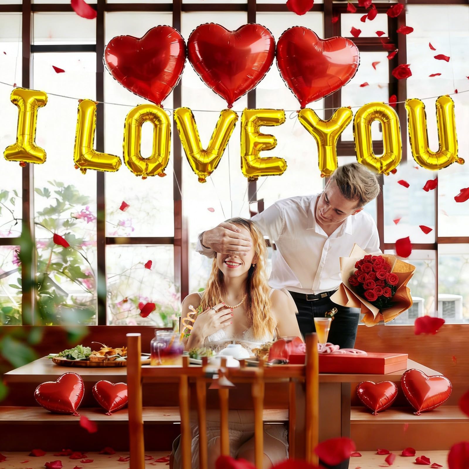 I Love You Balloons and Heart Balloon with 500 Pieces Rose Petals, Foil Mylar Love Balloons for Him/Her Wedding Anniversary Engagement Valentine Day