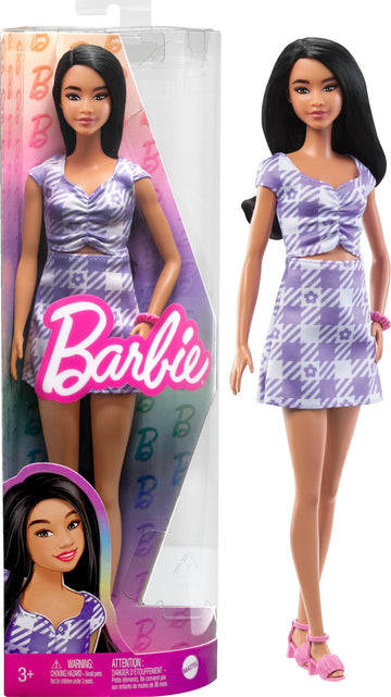 Barbie Fashionistas Doll #199, Curvy & Tall with Wavy Black Hair, Gingham Cut-Out Dress & Accessories, Including Shoes & Scrunchie-Style Bracelet