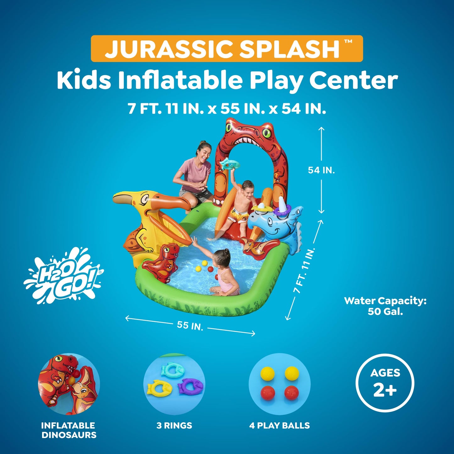 H2OGO! Jurassic Splash Inflatable Water Play Center, 7'11" x 55" x 54" Kids Outdoor Activity Center with Water Archway Slide, Games, & Splash Pool