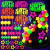 53pcs Neon Cake Decorations Glow Cake Toppers with Ball Star and Happy Birthday Toppers UV Reactive Party Decorations for Neon Cakes Black Light