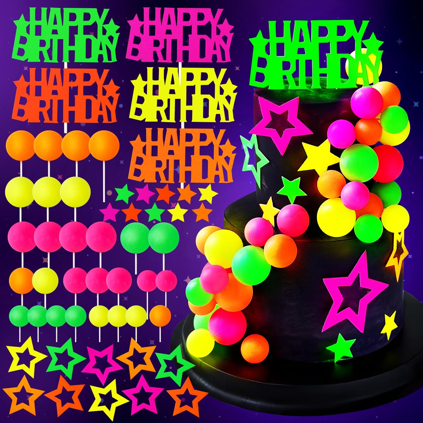 53pcs Neon Cake Decorations Glow Cake Toppers with Ball Star and Happy Birthday Toppers UV Reactive Party Decorations for Neon Cakes Black Light