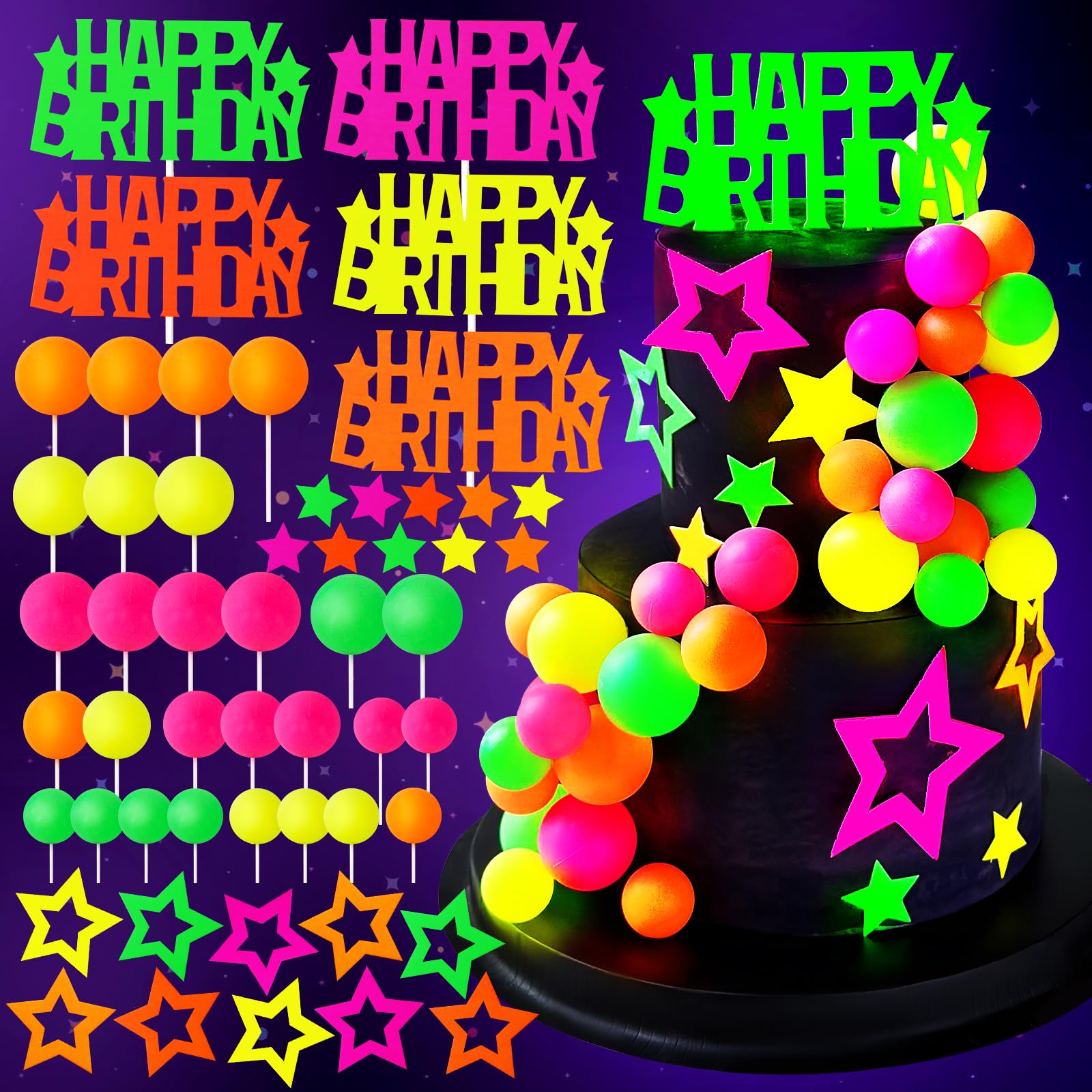 53pcs Neon Cake Decorations Glow Cake Toppers with Ball Star and Happy Birthday Toppers UV Reactive Party Decorations for Neon Cakes Black Light