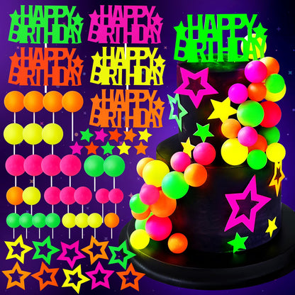 53pcs Neon Cake Decorations Glow Cake Toppers with Ball Star and Happy Birthday Toppers UV Reactive Party Decorations for Neon Cakes Black Light