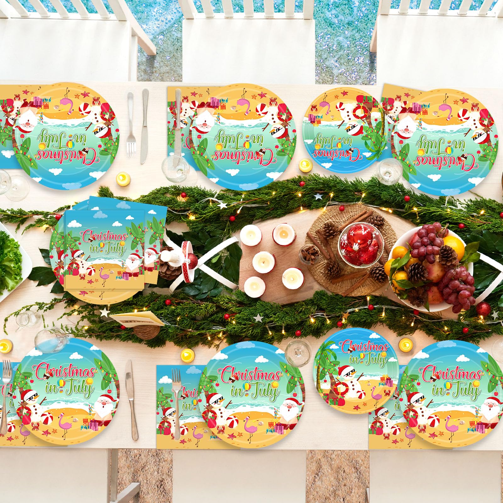 150Pcs Christmas in July Plates and Napkins - Merry Christmas Dinner Dessert Paper Plates Napkins Tableware Set for Hawaiian Beach Summer Xmas