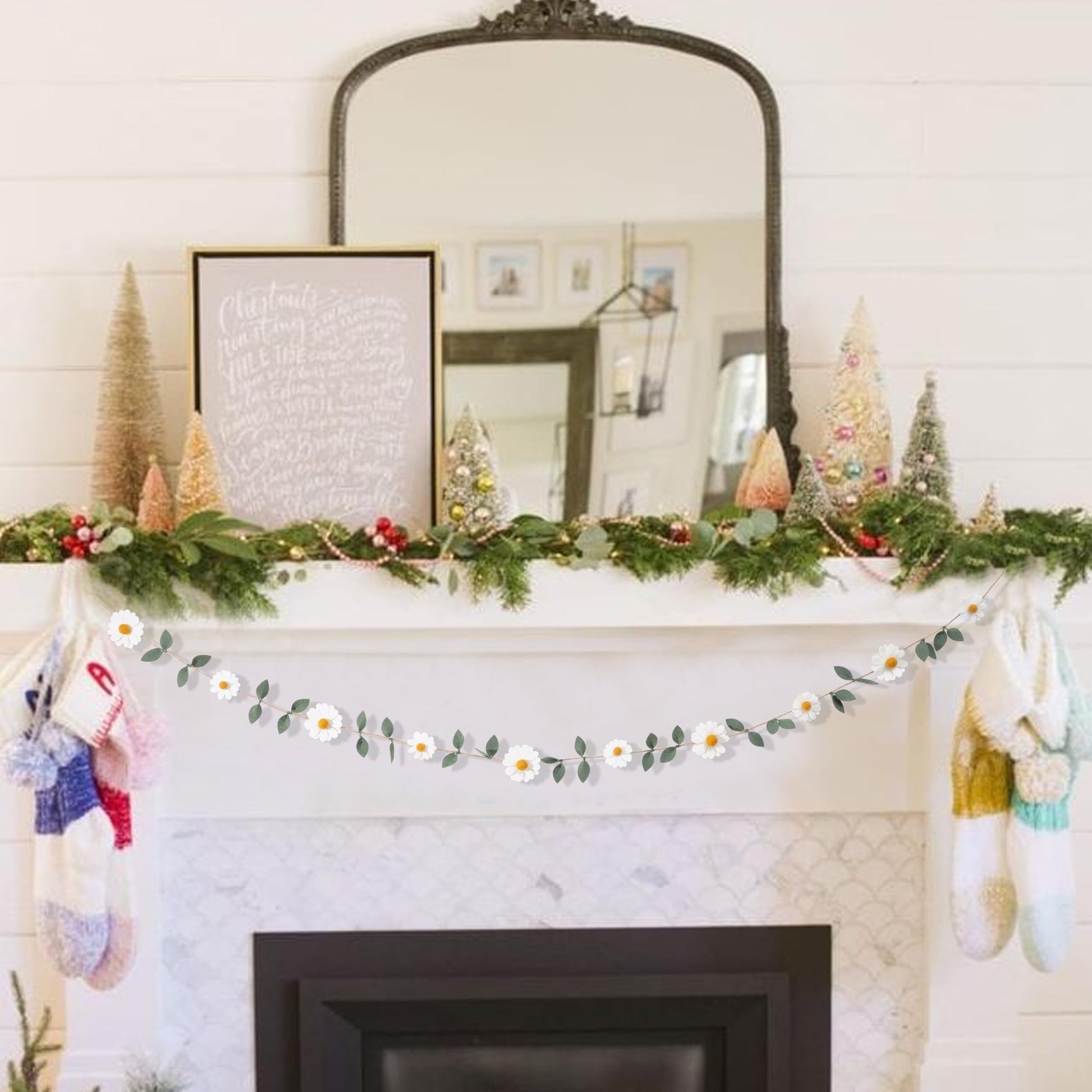 Wool Felt Daisy Chain Banner Garland - Daisy 1st Birthday Decorations,Daisy Themed Party Decorations,Nursery Wedding Decoration,White Wool Felt Daisy